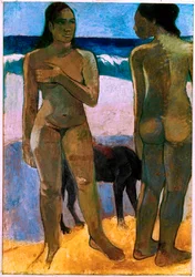 Raparigas taitianas na praia (óleo sobre tela)