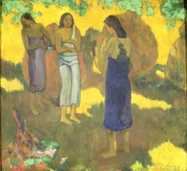 Três mulheres taitianas contra um fundo amarelo