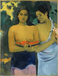 Duas mulheres taitianas oferecendo frutos vermelhos e flores cor-de-rosa (óleo sobre tela)