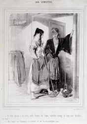 2 mulheres pobres em conversa nas escadas sobre homens, "Les Lorettes", Gavarni, c. 1840.
