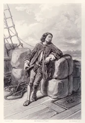 Capitão Lemuel Gulliver no mar em seu navio mercante, da edição francesa de Gullivers Travels por Jonathan Swift