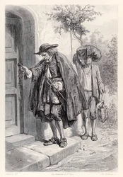 Gulliver chega em casa às três da tarde e entra na casa, da edição francesa de Gullivers Travels por Jonathan Swift