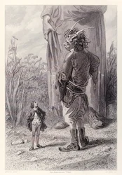 Gulliver conhece o anão Rainha de 30 pés de altura que tem o prazer de ter alguém no tribunal menor do que ele para atormentar, da edição francesa de Gullivers Travels por Jonathan Swift.