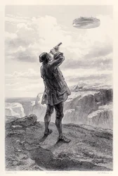 Gulliver vê a ilha voadora Laputa pela primeira vez, e a examina através de seu telescópio, da edição francesa de Gullivers Travels por Jonathan Swift