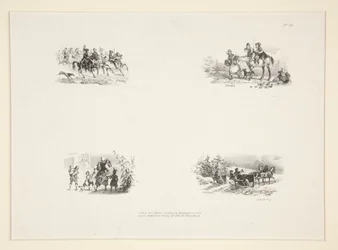 Quatro assuntos: Uma cavalgada; Quatro crianças; Uma mulher camponesa carregando uma criança pequena; Viajantes