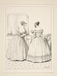 Vestido de veludo às riscas (Delisle, Rue de Choiseul). ...