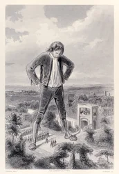 O exército liliputiano marcha entre as pernas de Gulliver, da edição francesa de Gullivers Travels por Jonathan Swift