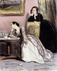 Duas mulheres em conversa sobre amantes, "Fourreries de femmes", Gavarni, c. 1840.