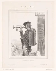 Vendedor de torneiras toca trompete Le marchand de robinets (título no objeto) Músicos de comédia (título da série) Músicos Comiques ou Pittoresques (título da série no objeto)