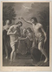 O Batismo de Cristo, São João Batista à direita e Cristo à esquerda com seu ..., ca. 1815-72.