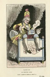 Ilustração de Hadol (1835-1875) em Histoire de France tintamarresque, ca. 1880 - Ancien régime - Du Barry Jeanne, Louis XV