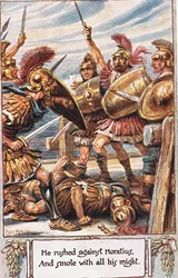 Ele avançou contra Horácio e o socorreu com todas as suas forças, ilustração de "Os Lays da Roma Antiga", de Thomas Babington Macaulay