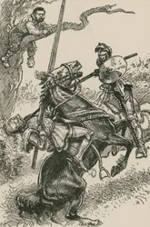 O Cavaleiro dos Espelhos foi apressado, apesar de si mesmo, sobre a garupa de seu cavalo