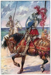 O Cavaleiro da Lua Branca, ilustração de "As Aventuras de Dom Quixote", publicado por G. Bell und Sons, Ltd., 1911