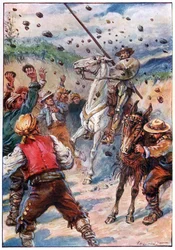 Eles pelotaram Dom Quixote com uma chuva de pedras, ilustração de "As Aventuras de Dom Quixote", publicado por G. Bell & Sons, Ltd.