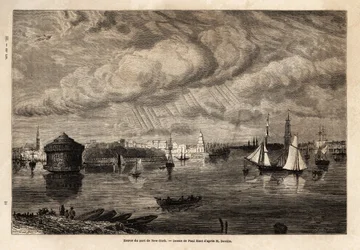 A entrada do porto de Nova Iorque, desenho de Paul Huet (1803-1869), para ilustrar as viagens à América do Norte em 1854-1855, de L. Deville. Gravura em "Le tour du monde", 1861. A coleção de Selva.