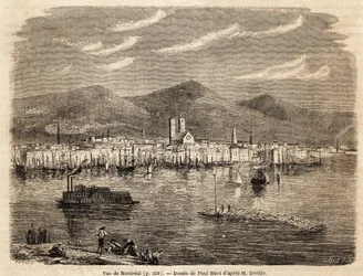 Vista de Montreal, desenho de Paul Huet (1803-1869), para ilustrar as viagens à América do Norte em 1854-1855, de L. Deville. Gravura em "Le tour du monde", 1861. A coleção de Selva.