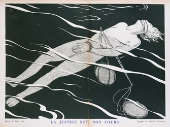 &39;Justice Follows its Course&39;, caricatura do sistema de Justiça, de &39;Parlons Francais&39; publicado por Floury. 1934