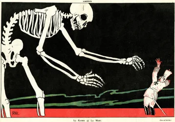 O Kaiser e a morte. Primeira Guerra Mundial 1914-1918: Guilherme II (1859-1941), num mar de sangue ameaçado por um esqueleto. Desenho animado destacando a mecância e a estupidez alemã, apoiando assim a moral dos franceses durante a guerra. Desenho do s