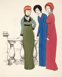 Três casacos de noite de linha Império do pub Vestidos de Paul Poiret. 1908 (estêncil)