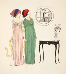 Dois vestidos de linha império do pub The Dresses of Paul Poiret. 1908 (estêncil)