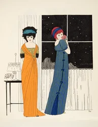 Dois vestidos de linha império do pub The Dresses of Paul Poiret. 1908 (estêncil)