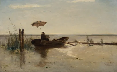 Um pintor, possivelmente o artista W.B. Tholen, trabalhando em um apostador em um dia ensolarado (óleo sobre tela)