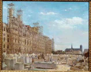A Câmara Municipal de Paris em reconstrução O edifício, incendiado em 1871 pelos Comunas, está a ser reconstruído e coberto com andaimes e blocos de pedra. Pintura de Victor Dargaud (ca. 1850-a. 1913) 1880 Sol. 0,65 x 0,81 m Paris, musee Carnavalet - Prefe