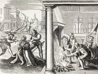 Propaganda do século XVI ilustrando a violência dos huguenotes franceses contra os católicos.