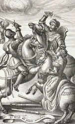 A cavalaria representada por figuras alegóricas. Cavaleiros lutando a cavalo. Segundo uma gravura em cobre do século XVI.