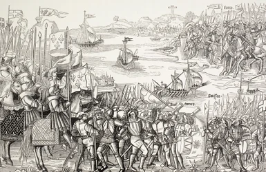 Desembarque de cruzados em Damietta, Egito, em 1249, durante a Sétima Cruzada.