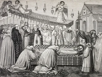 Morte de São Bento de Núrsia ou São Benedito de Núrsia, 480-547, na Abadia de Monte Cassino.