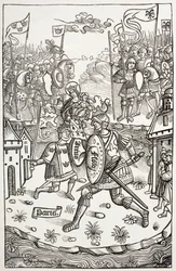 Rei Artus, ou Artur, protegido pela Virgem, lutando contra um gigante. Segundo uma xilogravura em Chroniques De Bretagne, de Alain Bouchard, publicada em 1514.