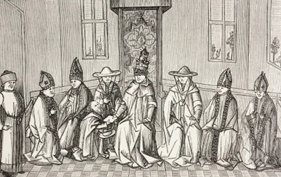 Pedro, o Eremita, entrega a mensagem de Simeão, Patriarca de Jerusalém, ao Papa Urbano Ii.