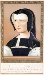 Retrato de Louise de Savoie (1476-1531), Duquesa de Angouleme e Regente de França. Cromolitografia de "Luís XII e Ana de Bretagne" de Paul Lacroix, ed. Georges Hurtrel