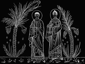Santa Cecília e seu marido Valeriano. Segundo um mosaico do século III ou IV conservado na igreja de Santa Cecília, em Roma.
