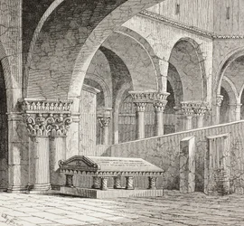 Túmulo de Godofredo de Boullon, C 1060 - 1100, tal como existia na Igreja do Santo Sepulcro, Jerusalém. O túmulo está agora destruído. Segundo um desenho feito no local em 1828.