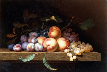 Pêssegos, ameixas e uvas em uma borda de pedra,