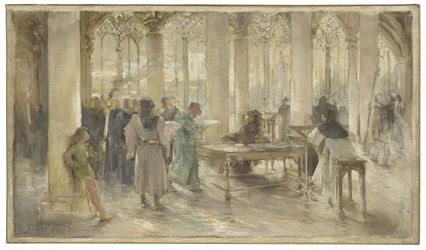 Esboço da sala de audiências do Tribunal de Comércio de Paris: Le livre des métiers, cerca de 1891 (lápis, óleo sobre tela)