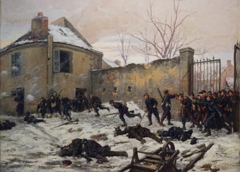 Ataque de um castelo por guardas móveis em 1870, final do século XIX (óleo sobre tela)