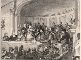 O Congresso Anti-Escravidão realizado em Paris nos dias 21, 22 e 23 de Setembro de 1890 na Sociedade de Geografia na presença de Jules Simon, Emile Keller e Monseigneur Lavigerie. Gravura depois do desenho de Paul Merwart em "O Mundo Ilustrado" de 1890.