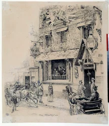 Vista da entrada para o Cabaret du Chat Noir. Desenho de tinta de Paul Merwart (1855-1902) Paris do século XIX, Musee Carnavalet