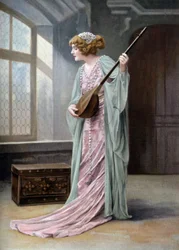 A cantora de ópera Marguerite Carre (1880-1947) no papel de Orlanda na ópera "La reine fiammette" em Paris, foto de Paul Nadar do jornal francês "Le Theatre" de 11 de outubro