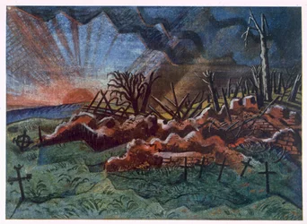 Sunrise, Ruins of a Hospice, noroeste de Wytschaete, destruído por bombardeio em 1917, de British Artists at the Front, Continuation of The Western Front, Part Three, Paul Nash