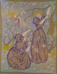 Duas Mulheres Sob uma Árvore na Tapeçaria Bloom de Paul Ranson (1864-1909) Coleção do século 20 Michel Ranson