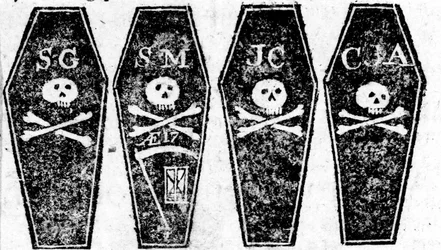 Desenho dos quatro caixões do Massacre de Boston, impresso na Boston Gazette, 12 de março de 1770
