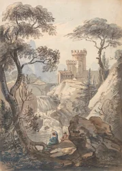 Paisagem italiana com Castelo, Cascata e Pescadores
