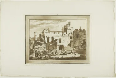 Castelo de Manerbawr, de Twelve Views in Aquatinta de desenhos feitos no local em South Wales