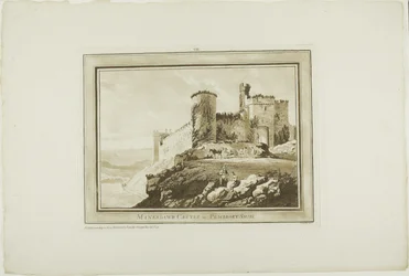 Castelo de Manorbier em Pembrokeshire, de Twelve Views in Aquatinta de desenhos feitos no local em South Wales