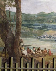 Pintura mural de Drakelowe Hall, nr. Burton em Trent. Camponeses em repouso